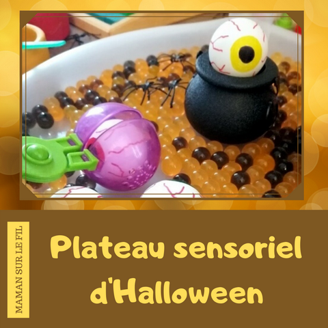 Activité enfant - plateau sensoriel et de manipulation d'Halloween - Motricité fine - perles d'eau - Yeux - araignées - chaudrons