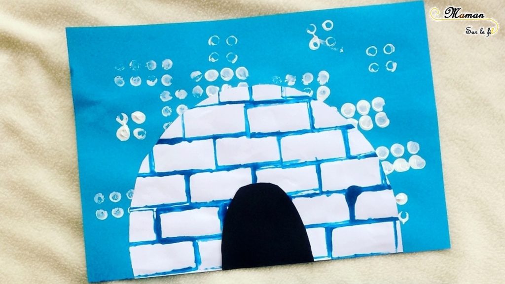 Activité enfants créative - peinture igloo avec brique Duplo - peinture blanche pour neige - bleu pour igloo - hiver et banquise - mslf