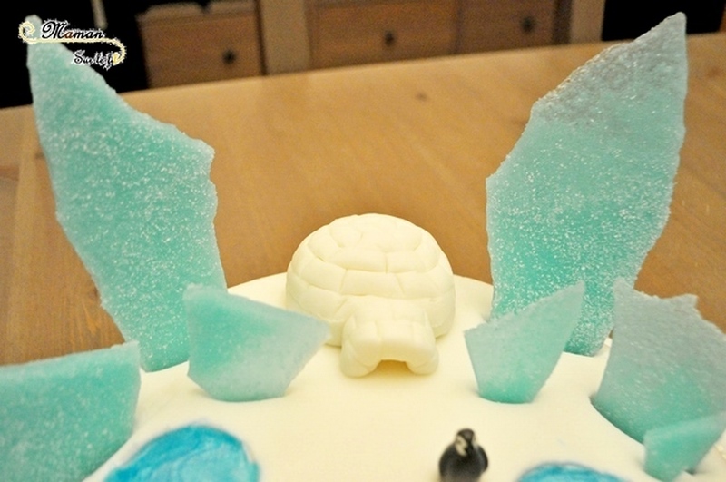 Idée gâteau anniversaire enfant - banquise et pingouins - Glace, neige, gel alimentaire, igloo en pâte à sucre - mslf