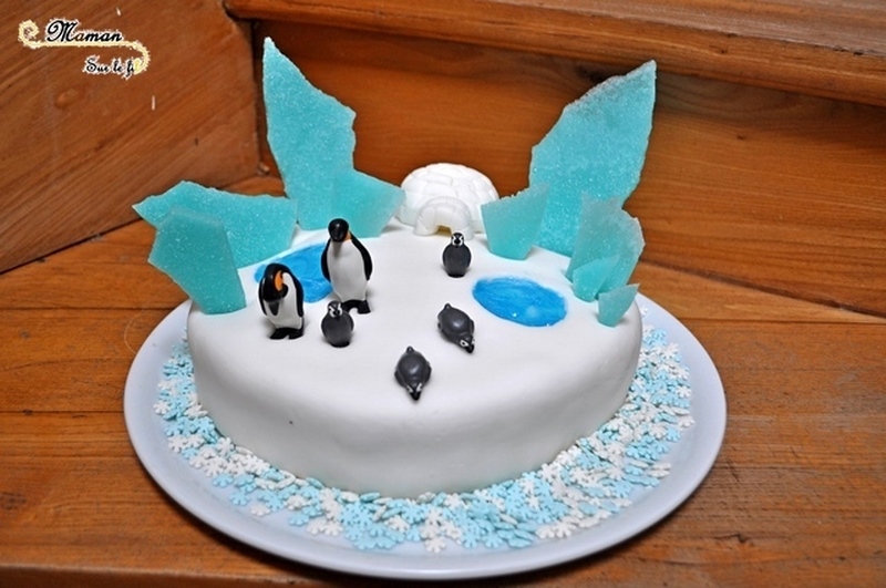 Idée gâteau anniversaire enfant - banquise et pingouins - Glace, neige, gel alimentaire, igloo en pâte à sucre - mslf