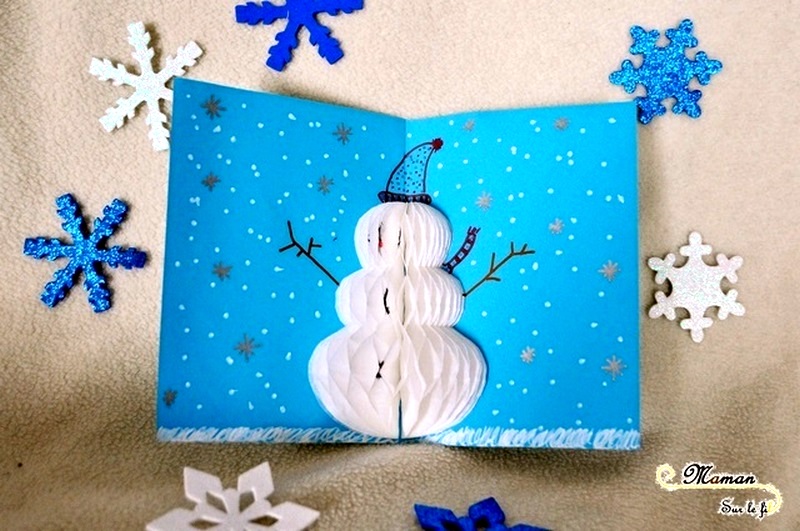 Activité enfants - cartes de voeux fait maison - DIY - Pop-Up et 3D sapin et bonhomme de neige - papier nid d'abeilles - noël - mslf