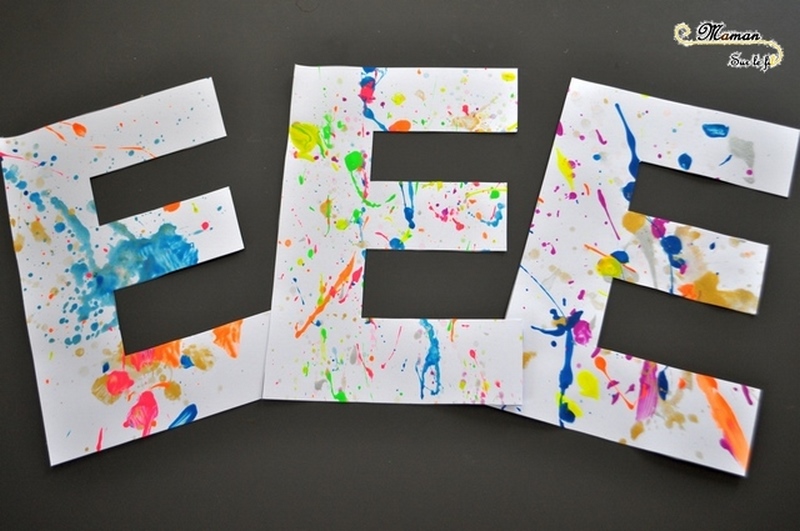 Abécédaire créatif - E comme éclabousser à la manière de Jackson Pollock - projections peinture - activité manuelle enfants - apprentissage lettres et alphabet - maternelle - mslf