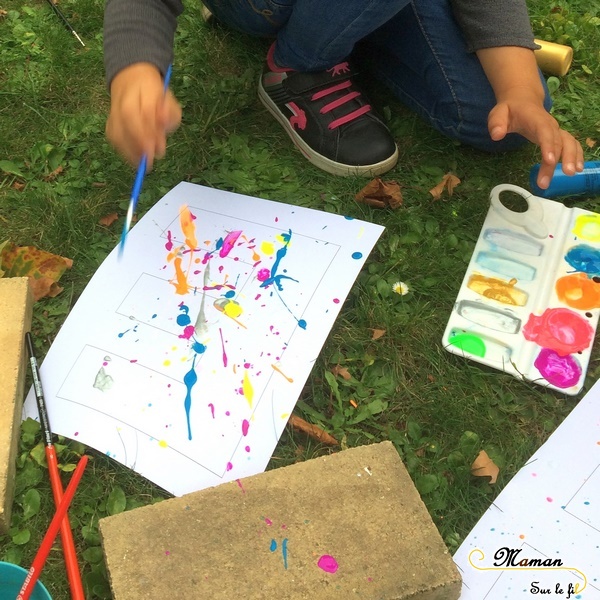 Abécédaire créatif - E comme éclabousser à la manière de Jackson Pollock - projections peinture - activité manuelle enfants - apprentissage lettres et alphabet - maternelle - mslf