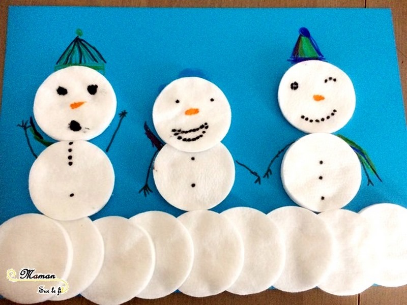 Bonhommes de neige en cotons démaquillants - activité manuelle - hiver - arts visuels maternelle - collage - peinture - pointillisme - mslf