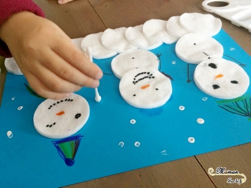 Bonhommes de neige en cotons démaquillants - activité manuelle - hiver - arts visuels maternelle - collage - peinture - pointillisme - mslf