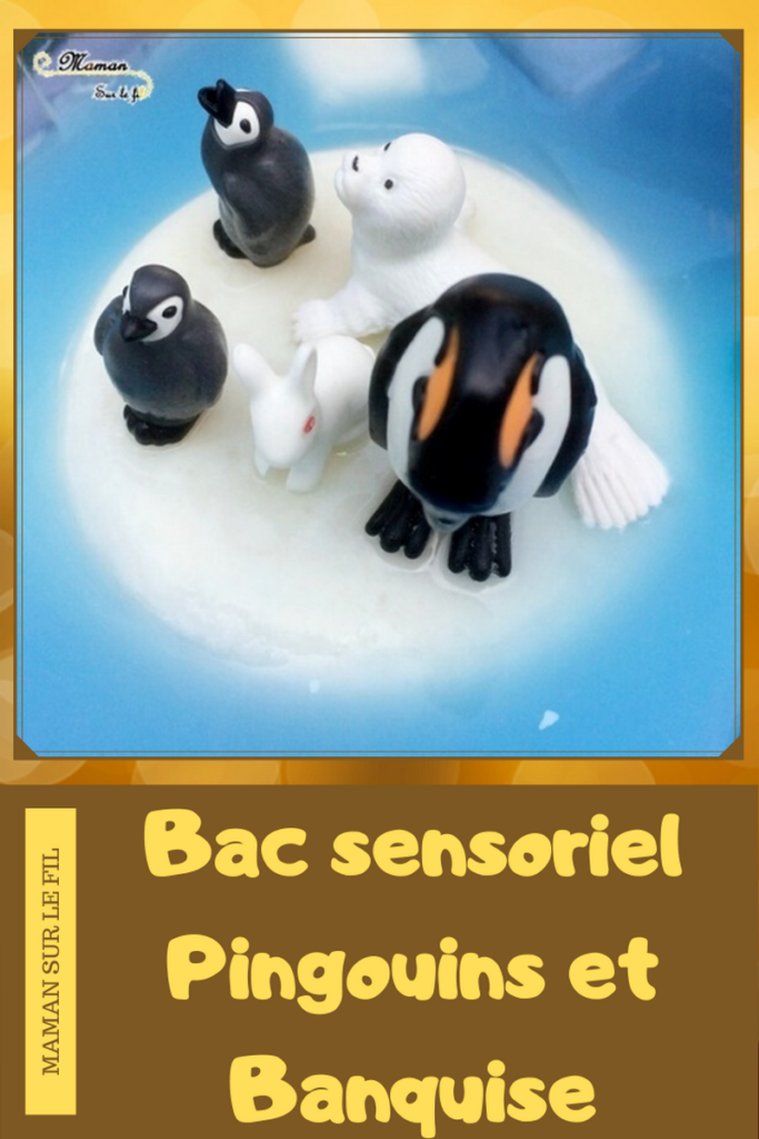 Actiivté enfants - invitation à jouer - plateau et bac sensoriel - Banquise avec glaçons de lait blancs et bleus - eau bleue - Pingouins, phoque, glace et neige - mslf