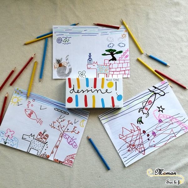 Test et avis du jeu Dessine ! de Hervé Tullet chez bayard jeunesse - jeu enfants de création et de dessin - avec pochoirs consignes et cartes - mslf