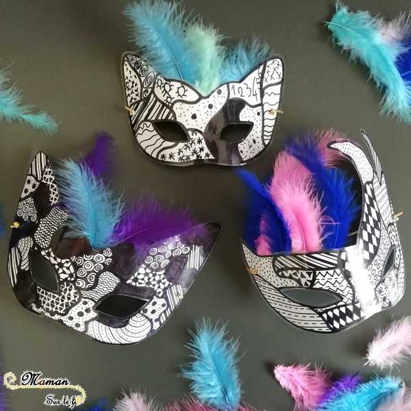 Activité enfants - fabriquer des masques graphiques noirs et blancs - graphisme et plumes - carnaval - Mardi - Gras - diy - fait maison - mslf