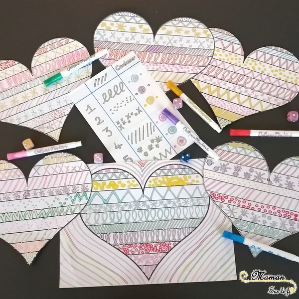 Jeu graphique de la saint-valentin - Graphisme Coeurs avec des dés - suspension 3D - DIY - Bricolage - Reproduction modèle - Amour - amitié - maternelle - mslf