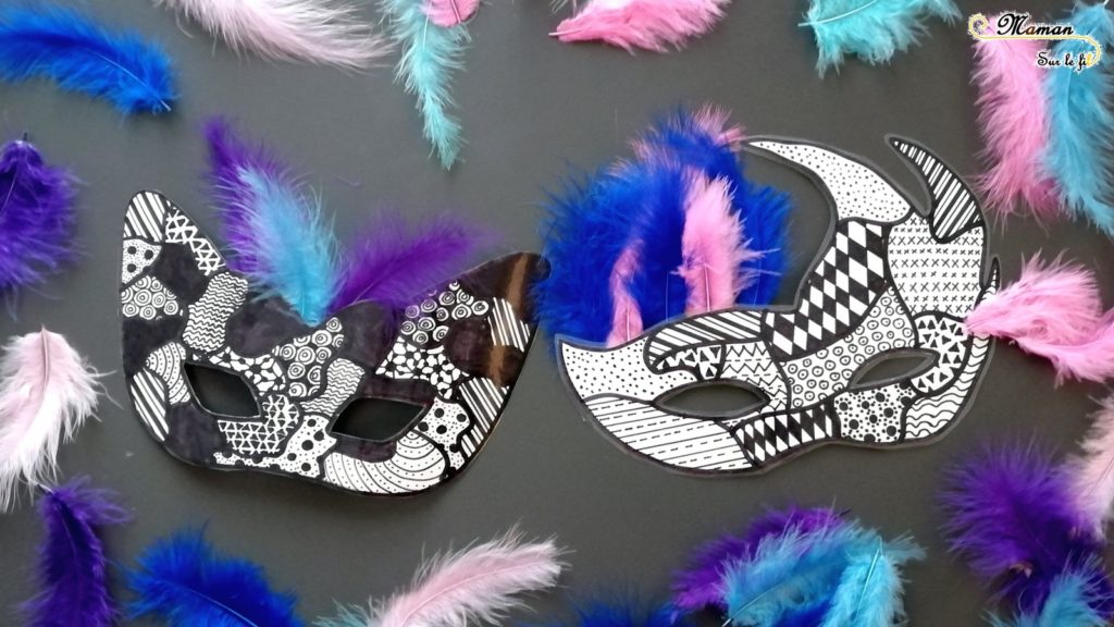 Activité enfants - fabriquer des masques graphiques noirs et blancs - graphisme et plumes - carnaval - Mardi - Gras - diy - fait maison - mslf