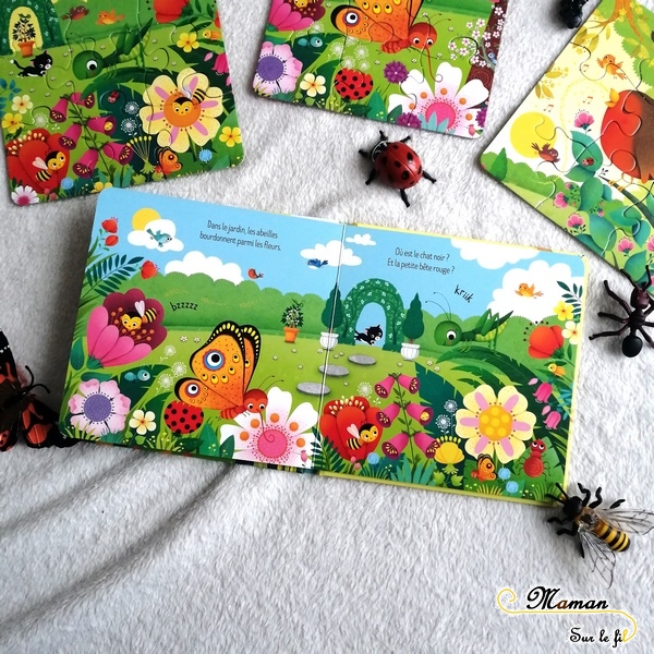 Livre et Puzzles - Le Jardin de Usborne - 3 puzzles de 9 pièces - livre cartonné premier âge insectes et jardin - test et avis - mslf