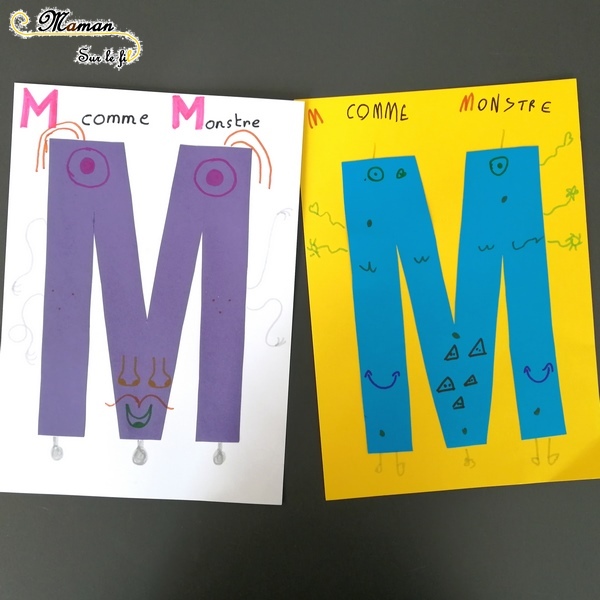 Abécédaire créatif - M comme Monstre et Mosaïque - activité manuelle enfants - dessin au dé - gommettes couleurs dégradé - apprentissage lettres alphabet - maternelle - mslf