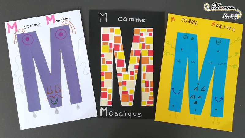 Abécédaire créatif - M comme Monstre et Mosaïque - activité manuelle enfants - dessin au dé - gommettes couleurs dégradé - apprentissage lettres alphabet - maternelle - mslf