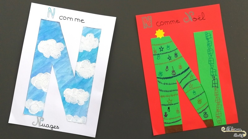 Abécédaire créatif - N comme Nuages et Noël - activité manuelle enfants - dessin sapin cadeaux - peinture au bouchon - apprentissage lettres alphabet - maternelle - mslf