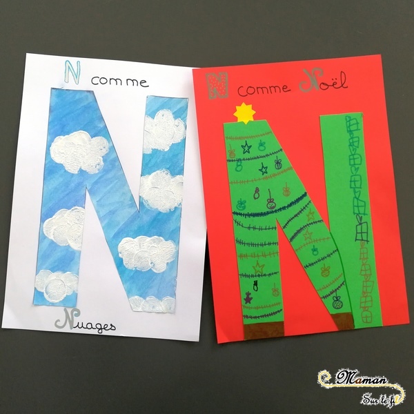 Abécédaire créatif - N comme Nuages et Noël - activité manuelle enfants - dessin sapin cadeaux - peinture au bouchon - apprentissage lettres alphabet - maternelle - mslf