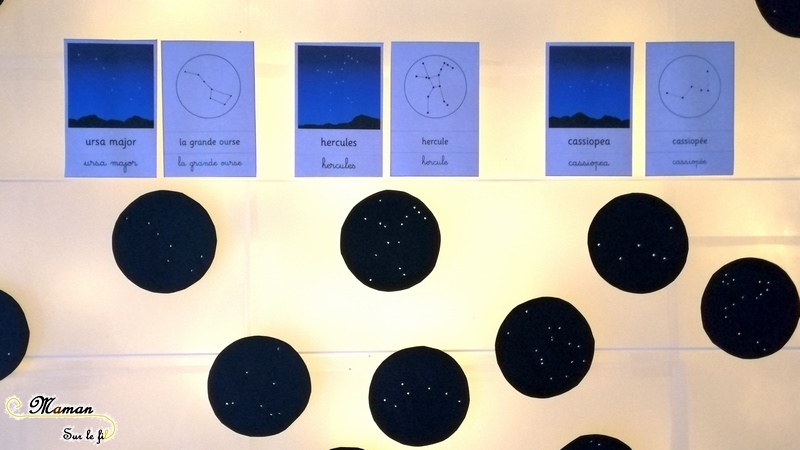Activité enfants - cartes constellations à trous - étoiles et nuit - table lumineuse - cartes de nomenclature - noms - sciences - espace - Cycle 2 3 - ciel - nuit et lumière - mslf