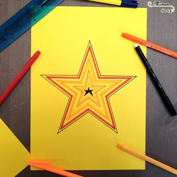 Activité enfants - invitation à créer - décorer des étoiles jaunes - contour feutre dessin graphisme - superposition soleil - bricolage - arts visuels - nuit - mslf