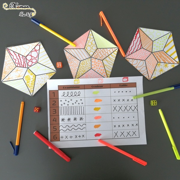 Activité enfants - Jeu graphique avec des dés - décorer des étoiles graphiques - feutre dessin graphisme - reconnaissance chiffres constellations - nuit - mslf