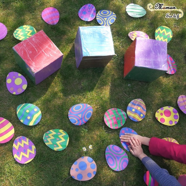 Activité enfants - jeu de pâques géant diy fait maison - Reconnaissance couleurs avec dés géants - vitesse et chasse aux oeufs - printable gratuit - à imprimer gratuitement - jardin - jeu evolutif - mslf