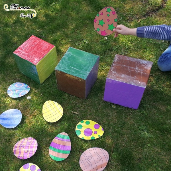 Activité enfants - jeu de pâques géant diy fait maison - Reconnaissance couleurs avec dés géants - vitesse et chasse aux oeufs - printable gratuit - à imprimer gratuitement - jardin - jeu evolutif - mslf