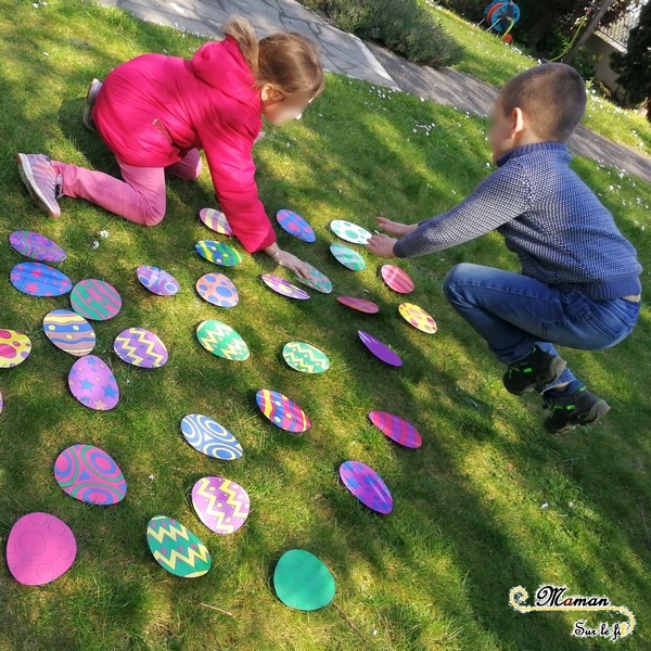 Activité enfants - jeu de pâques géant diy fait maison - Reconnaissance couleurs avec dés géants - vitesse et chasse aux oeufs - printable gratuit - à imprimer gratuitement - jardin - jeu evolutif - mslf