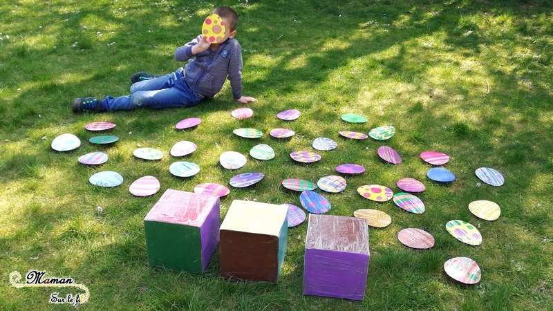 Activité enfants - jeu de pâques géant diy fait maison - Reconnaissance couleurs avec dés géants - vitesse et chasse aux oeufs - printable gratuit - à imprimer gratuitement - jardin - jeu evolutif - mslf