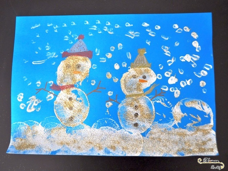 Bonhommes de neige peints avec des pommes de terre - activité manuelle - hiver - arts visuels maternelle - peinture paillettes - pointillisme - mslf