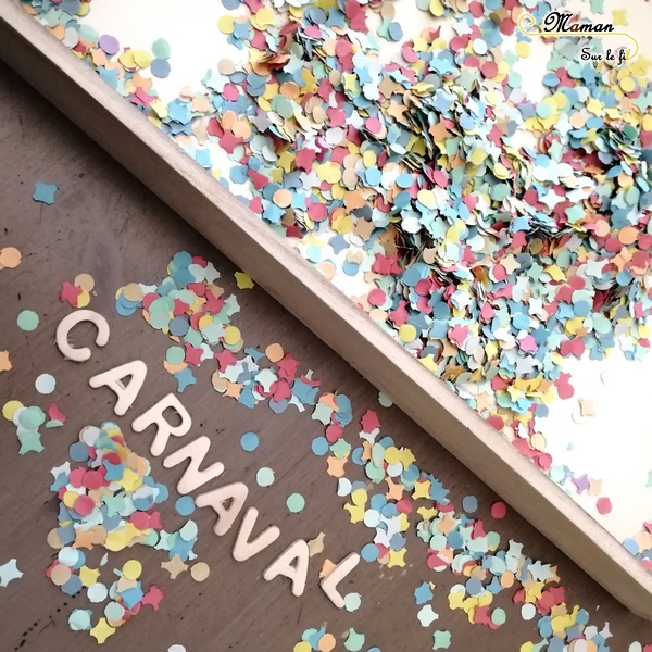 Activité Enfants - plateau sensoriel - carnaval - mardi-gras - confettis et lettres en bois - jeu - cherche et trouve - mots - pendu - mslf