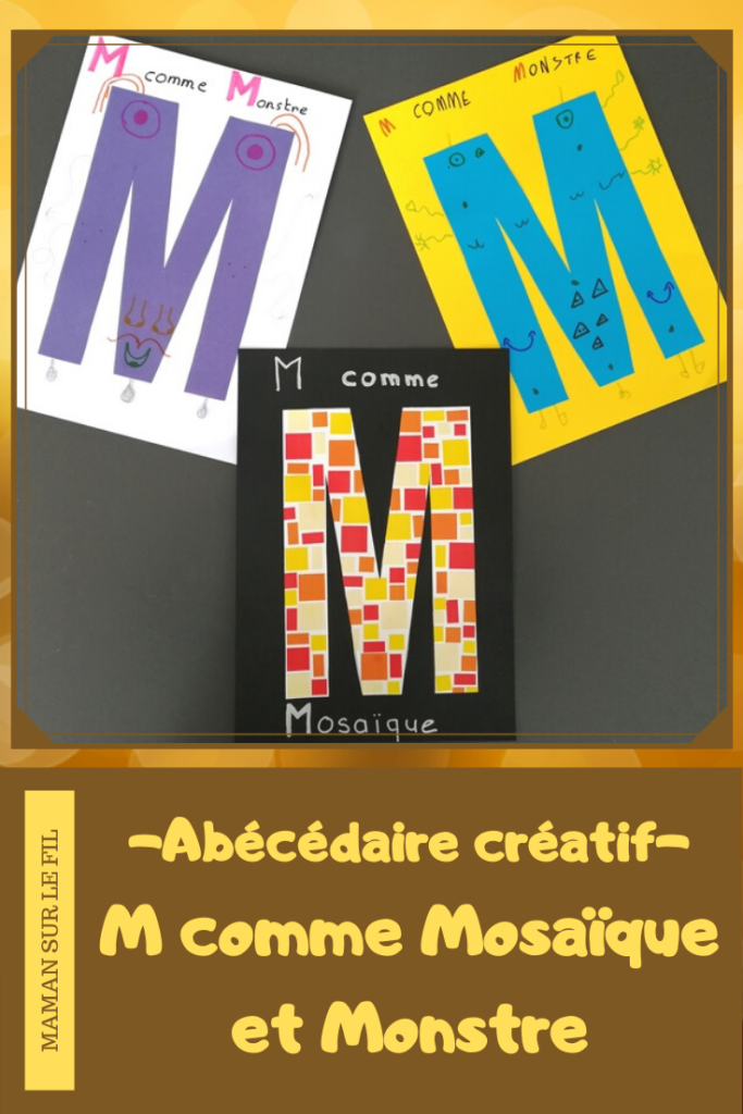 Abécédaire créatif - M comme Monstre et Mosaïque - activité manuelle enfants - dessin au dé - gommettes couleurs dégradé - apprentissage lettres alphabet - maternelle - mslf