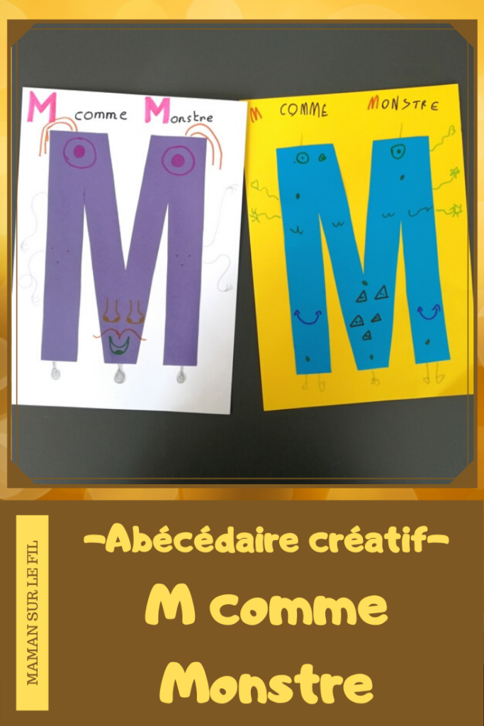 Abécédaire créatif - M comme Monstre et Mosaïque - activité manuelle enfants - dessin au dé - gommettes couleurs dégradé - apprentissage lettres alphabet - maternelle - mslf