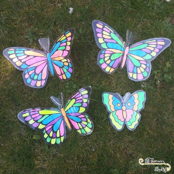 Activité enfants - suspension de papillons en 3 techniques - arbre haie jardin - Couleurs et décoration - Coloriage fluos aux surligneurs - mslf