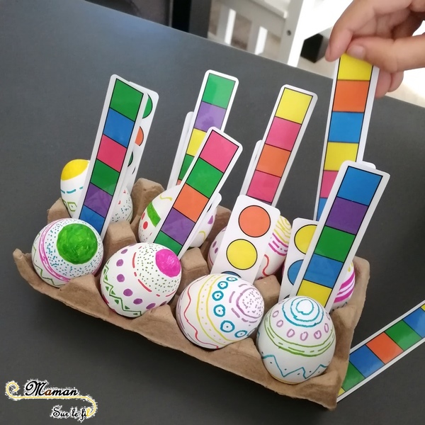 Activité enfants - jeu d'association d'oeufs de pâques diy fait maison - Reconnaissance couleurs et motifs - dessin et graphisme - mslf