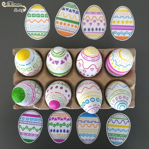 Activité enfants - jeu d'association d'oeufs de pâques diy fait maison - Reconnaissance couleurs et motifs - dessin et graphisme - mslf