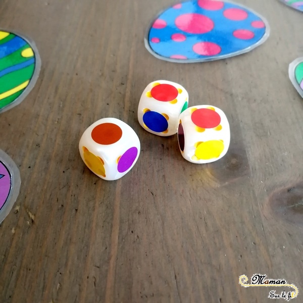 Activité enfants - jeu de pâques 3 en 1 diy fait maison - Reconnaissance couleurs avec dés et oeufs - vitesse et chasse aux oeufs, mémory et mistigri - printable gratuit - à imprimer gratuitement - jeu évolutif - mslf
