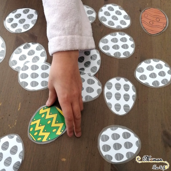 Activité enfants - jeu de pâques 3 en 1 diy fait maison - Reconnaissance couleurs avec dés et oeufs - vitesse et chasse aux oeufs, mémory et mistigri - printable gratuit - à imprimer gratuitement - jeu évolutif - mslf