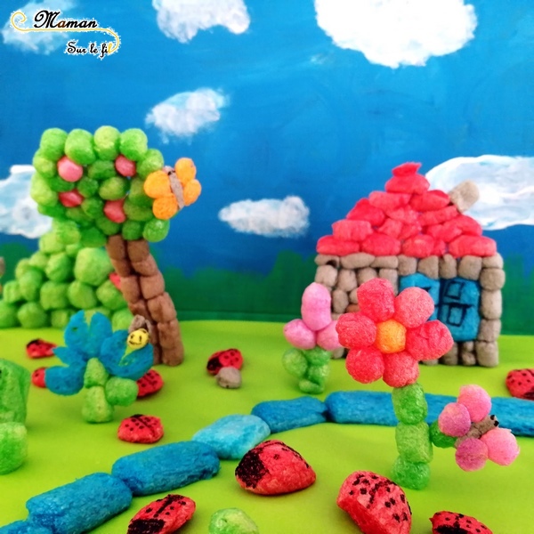 Activité enfants - Créer un paysage printanier en playmais - flocon de mais - jardin des insectes - petites bêtes - Maison, arbre, fleurs, coccinelles, papillons, abeilles - activité créative - mslf