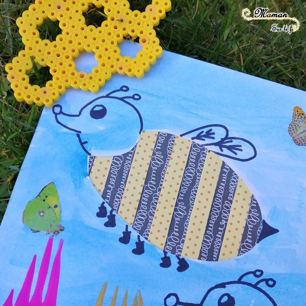 Activité Enfants - Tableau abeilles en bandes de papier avec motifs - Collage - Peinture - fourchette - dessin - Fleurs - Arts Visuels maternelle - mslf