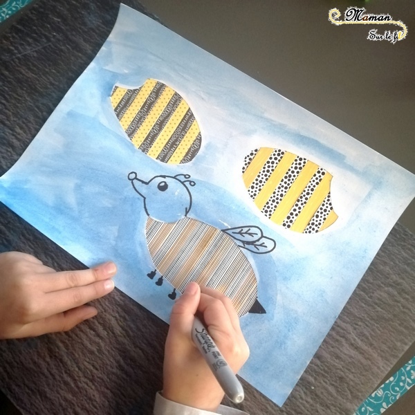 Activité Enfants - Tableau abeilles en bandes de papier avec motifs - Collage - Peinture - fourchette - dessin - Fleurs - Arts Visuels maternelle - mslf