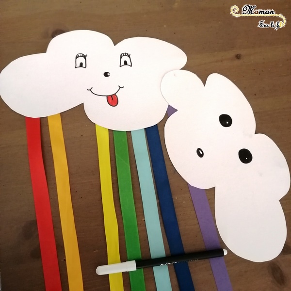 activité sensorielle enfants - fabriquer un carillon nuage et arc-en-ciel avec des grelots et du ruban - bricolage diy - ouïe - son -jardin - suspension extérieure - mslf