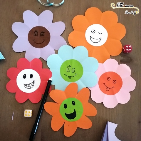 Suspension de fleurs à la façon de Murakami - Je lance le dé je dessine - jeu aux dés - dessin visage - activité enfants - mslf