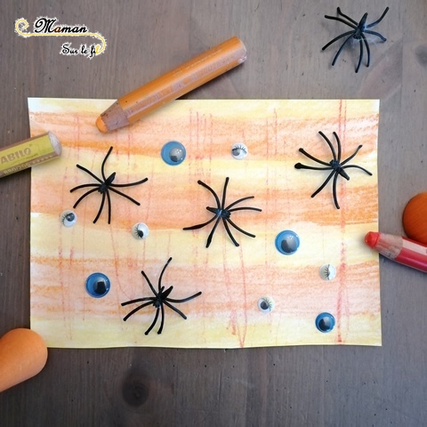 Activité enfants - tableaux d'automne et d'halloween aux crayons Woody aquarellables - citrouille - araignée - feuilles mortes - toile - mslf