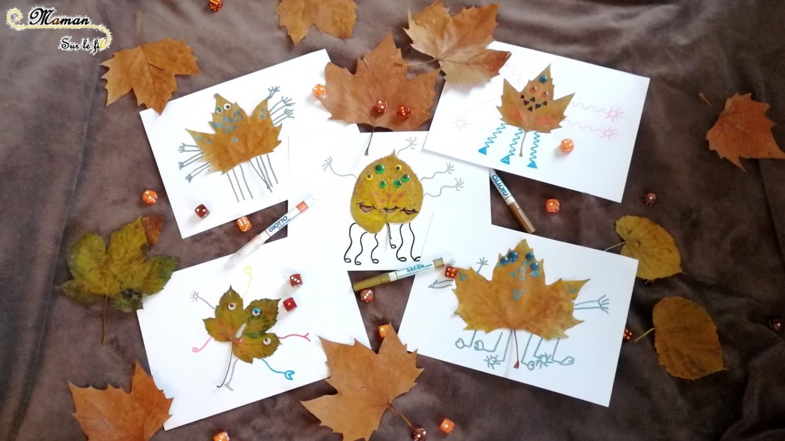 Activité enfants - monstres avec feuilles mortes et dés - jeu de dénombrement - activité créative d'automne - mslf