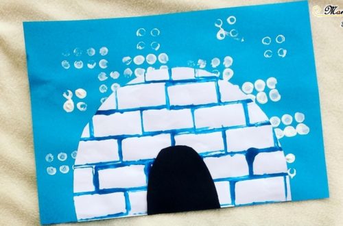 Activité enfants créative - peinture igloo avec brique Duplo - peinture blanche pour neige - bleu pour igloo - hiver et banquise - mslf