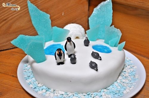 Idée gâteau anniversaire enfant - banquise et pingouins - Glace, neige, gel alimentaire, igloo en pâte à sucre - mslf