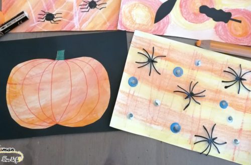 Activité enfants - tableaux d'automne et d'halloween aux crayons Woody aquarellables - citrouille - araignée - feuilles mortes - toile - mslf