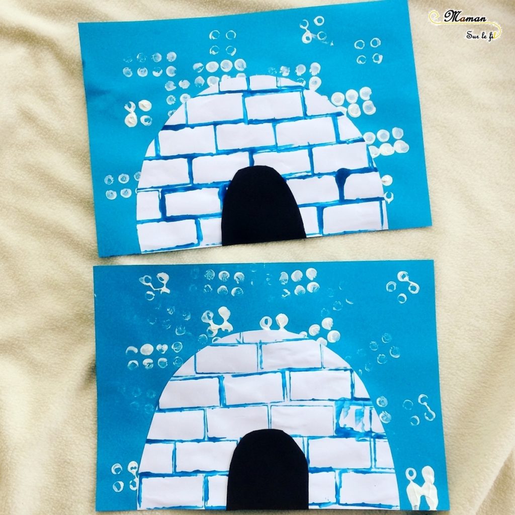 Activité enfants créative - peinture igloo avec brique Duplo - peinture blanche pour neige - bleu pour igloo - hiver et banquise - mslf