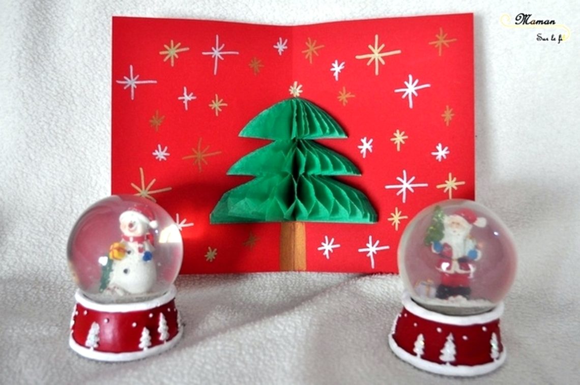 Activité enfants - cartes de voeux fait maison - DIY - Pop-Up et 3D sapin et bonhomme de neige - papier nid d'abeilles - noël - mslf