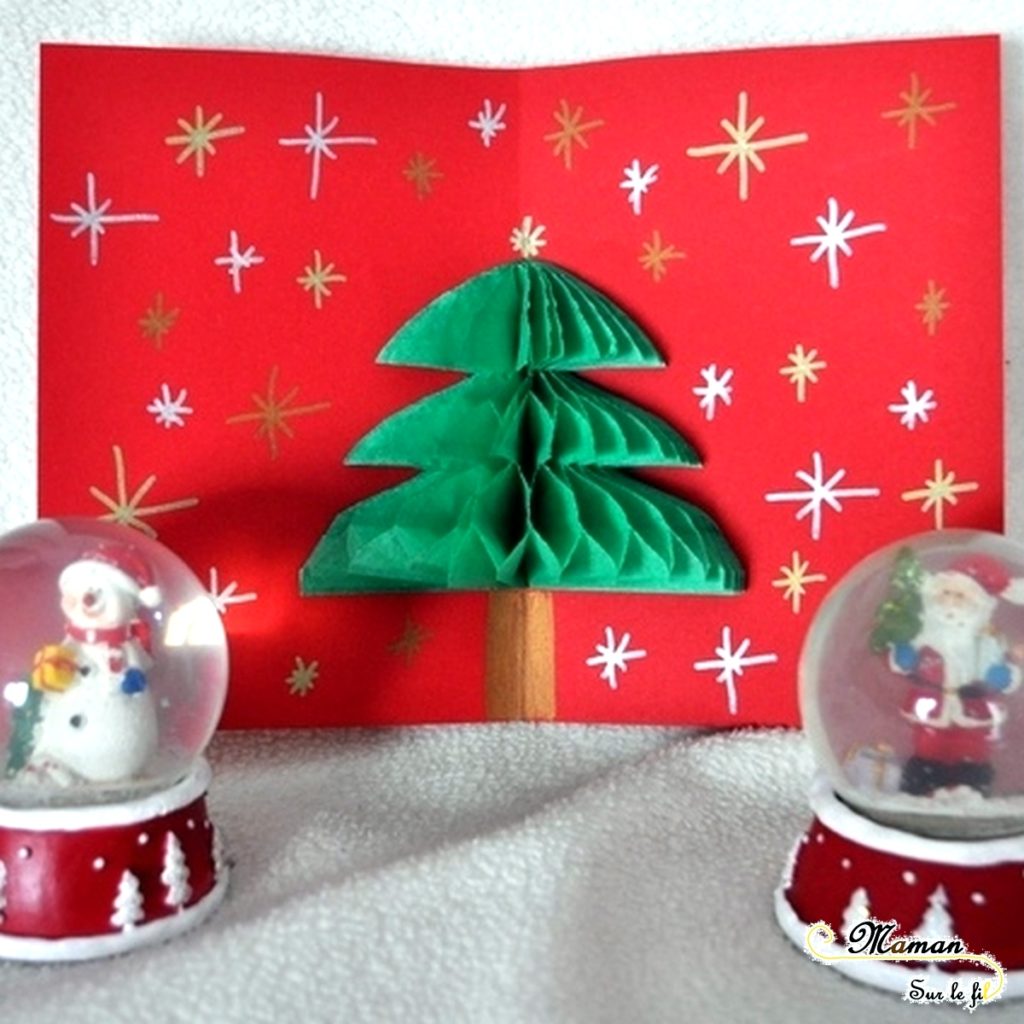 Activité enfants - cartes de voeux fait maison - DIY - Pop-Up et 3D sapin et bonhomme de neige - papier nid d'abeilles - noël - mslf