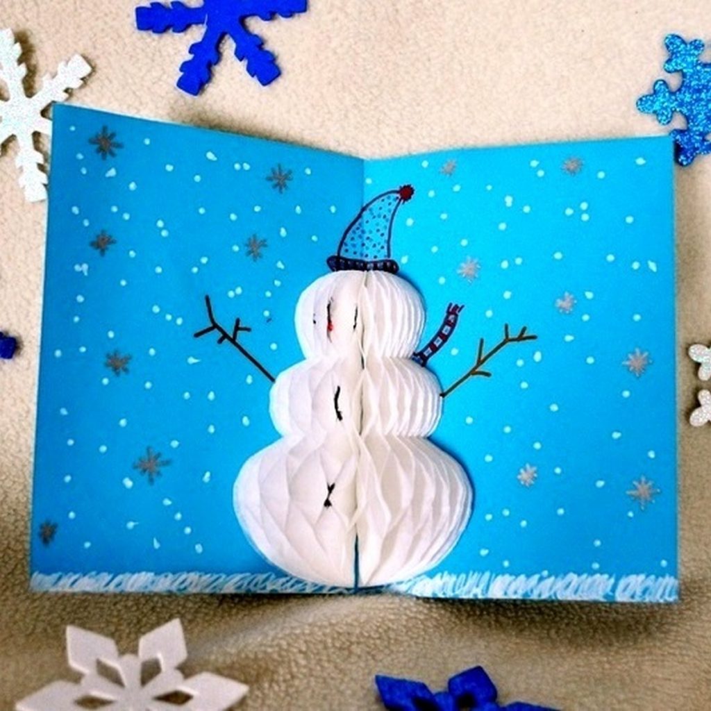 Activité enfants - cartes de voeux fait maison - DIY - Pop-Up et 3D sapin et bonhomme de neige - papier nid d'abeilles - noël - mslf