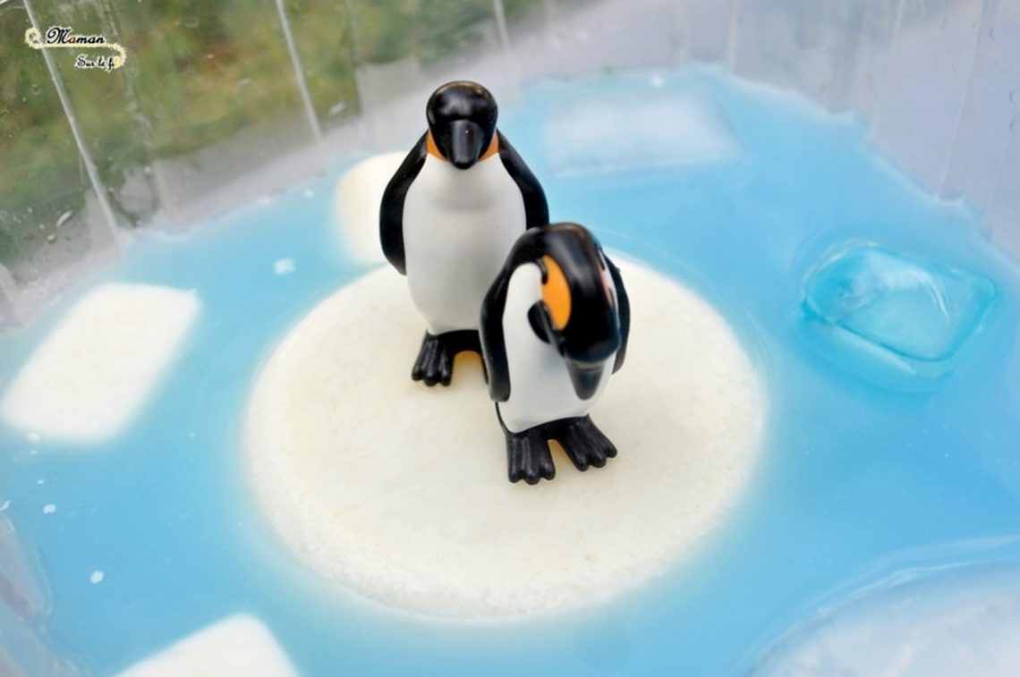 Actiivté enfants - invitation à jouer - plateau et bac sensoriel - Banquise avec glaçons de lait blancs et bleus - eau bleue - Pingouins, phoque, glace et neige - mslf